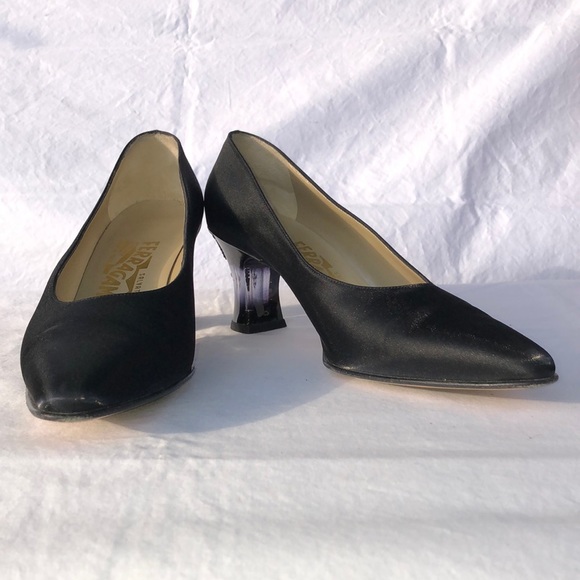 Salvatore Ferragamo “Boemia,” Black Silk Like Fabric, 2.75” Lucite Heel w/Lace - Picture 2 of 16